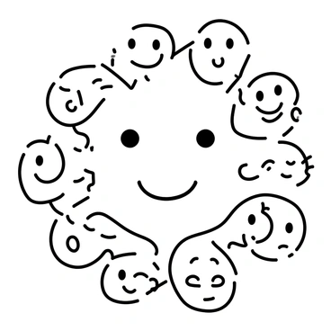 A large face sketched in the center of the image, composed of numerous smaller sketched faces that vary in expression. Each small face is distinct, with features such as different eye shapes, nose styles, and mouth positions. The larger face is outlined clearly, while the smaller faces form a subtle texture, creating an intricate pattern that showcases the diversity of expressions merging into one. The overall composition presents an engaging visual that draws attention to the details of each small face contributing to the larger image.