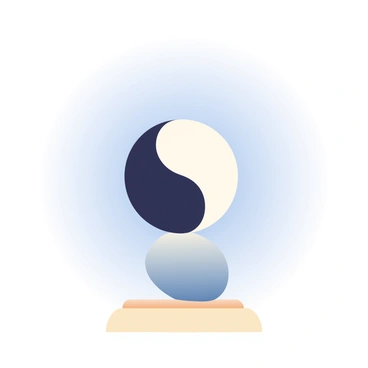 Two stones shaped like a "yin-yang" symbol are carefully balanced on a small, round pedestal. The stones have contrasting colors, one in deep black and the other in pristine white, each exhibiting smooth, polished surfaces that reflect light subtly. The pedestal is made of a light-colored wood, featuring a circular base that supports the stones perfectly centered atop it. The background is a soft gradient transitioning from light blue at the top to a soft gray at the bottom, enhancing the focus on the harmonious balance of the stones.