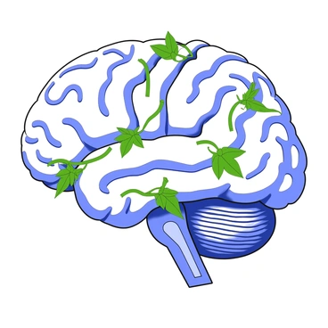 Nature-inspired brain with leaves and vines integrated into its structure