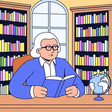 A man with white hair and spectacles, resembling "Benjamin Franklin," is sitting at a wooden table in a grand library. He is holding an open book in his hands, looking intently at the pages. The library has tall shelves filled with various books, creating a rich backdrop of knowledge. The shelves are made of dark wood, and the room has a high ceiling with ornate moldings. A large window allows soft light to filter in, illuminating the scene. There is a globe on the table next to him, adding to the scholarly atmosphere.