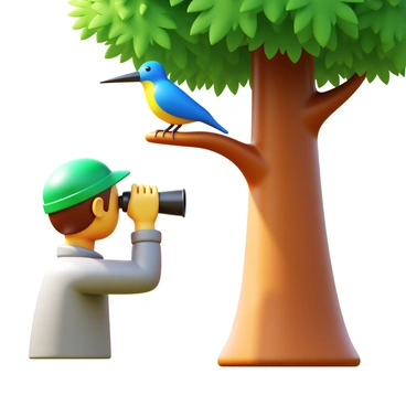 A birdwatcher wearing a green hat and a light jacket is peering through binoculars. The birdwatcher is positioned near a tall tree with a thick trunk and lush green foliage. A rare bird, brightly colored with blue and yellow feathers, is perched on a prominent tree branch. The bird has a distinct, elongated beak and is facing the birdwatcher. Sunlight filters through the leaves, casting dappled light on the scene.
