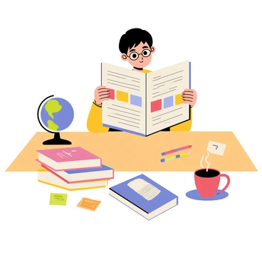A student sitting at a wooden desk surrounded by various study materials. The student has short black hair and is wearing glasses. They are focused on a colorful language textbook opened in front of them, with illustrations and highlighted text visible on the pages. A stack of notebooks, colored pens, and flashcards are scattered across the desk, along with a small globe. A cup of steaming coffee sits to the side, completing the study environment.