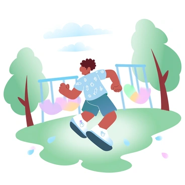 A child wearing their shirt backwards, happily playing in a park