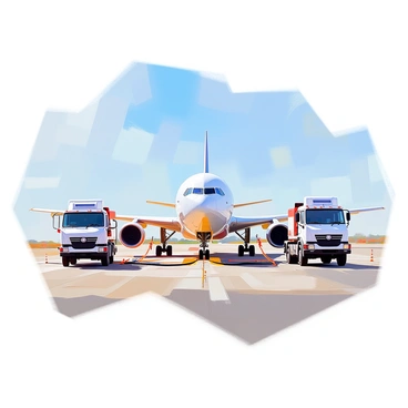 A commercial airplane is positioned on a runway, with its engines off and wings extended. Surrounding the aircraft are two fuel trucks, one on either side, connected to the plane by long, flexible fuel hoses. The hoses are snaking from the trucks to the fuel ports of the airplane. The runway surface is gray asphalt, and there are distant runway markers and safety cones visible in the background. The sky above is clear blue, providing a bright backdrop for the scene.