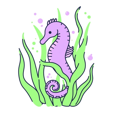 A seahorse is nestled among sinuous strands of seaweed that sway gracefully in the water. The seahorse is in a vertical position, blending seamlessly with the green seaweed, its body featuring delicate textures and subtle contours. The seaweed, with its long, flowing tendrils, surrounds the seahorse, creating a natural habitat. Tiny bubbles rise to the surface from beneath, adding to the dynamic underwater scene. Sunlight filters through the water, casting dappled patterns on the seahorse and seaweed, enhancing their intricate details.