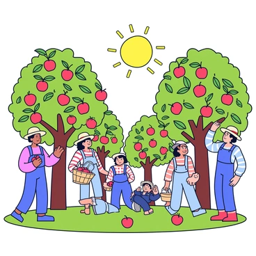 Farmers joyfully picking ripe apples from trees in an orchard on a sunny day.