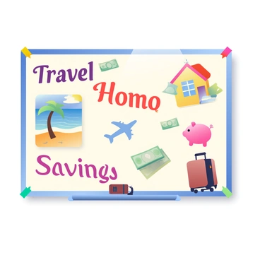 A large vision board is displayed on a wall, filled with various images and words that represent financial goals. In the upper left corner, there is a picture of a tropical beach with the words "Travel" written in bold, elegant font. To the right, a cozy house image is accompanied by the word "Home" in a warm script. Below, there is a visually appealing piggy bank next to the word "Savings" in a vibrant, eye-catching style. Surrounding these main images are smaller visuals, including an airplane, a suitcase, and a stack of cash, all contributing to the theme of financial aspirations. The board is bordered with colorful washi tape, adding a playful touch to the overall layout.