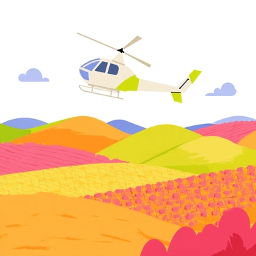 A green and white helicopter soaring high above a landscape of vast, rolling vineyards. The vineyards are filled with rows of grapevines, showcasing vibrant autumn colors of red, orange, and yellow leaves. The helicopter has its blades spinning rapidly as it captures a bird's-eye view of the colorful scenery below. The sky is clear with a few fluffy clouds scattered across, providing a stunning backdrop to the helicopter and the vineyards.