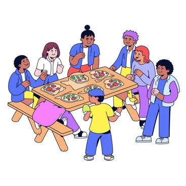A group of people gathered at a picnic table enjoying naan with various toppings.
