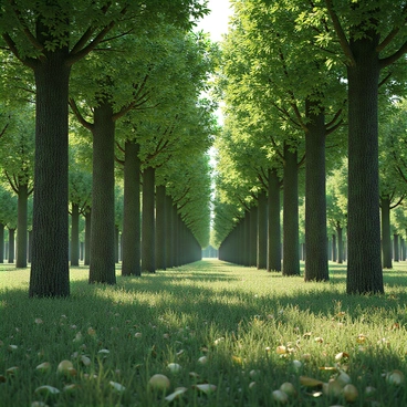 A dense forest filled with tall trees, each adorned with leaves that resemble different denominations of banknotes. The trees have thick trunks with textured bark, and their branches extend widely, creating a lush canopy overhead. Sunlight filters through the foliage, casting intricate shadows on the forest floor. The ground is covered with a mix of green grass and scattered leaves, some of which are fluttering down gently. In the background, there are hints of more trees, adding depth to the scene.