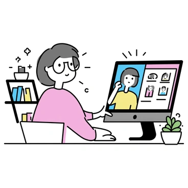 A person sitting at a desk, focused on their computer screen. The screen displays a colorful interface for creating a digital avatar. The person has short brown hair and is wearing glasses. They are using a mouse to select options for customizing their avatar's features, such as hair color and clothing. Various avatar designs and tools are visible on the screen. The room is simple with a few books on a shelf and a potted plant in the corner.