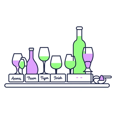 An elegant wine tasting setup is displayed on a wooden table. Various wine glasses, each with a different shape and size, are arranged neatly. Some glasses are filled with wine, showcasing their rich colors, while others remain empty, awaiting tasting. Next to the glasses, there are tasting notes written on stylish cards, each card displaying "Aroma," "Flavor," and "Finish" in decorative fonts. The texture of the wooden table adds warmth to the scene, while the overall arrangement invites guests to participate in the tasting experience.