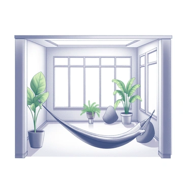 A spacious room with high ceilings and a large skylight overhead, allowing natural light to pour in. Several green plants are strategically placed around the room, including a tall potted palm in one corner and smaller ferns on a windowsill. A comfortable hammock is suspended between two supporting beams, inviting relaxation. The floor is made of light wood, and there are soft, textured cushions nearby to complement the environment.