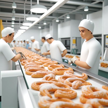 Inside a churros factory, there are several workers in white uniforms and hairnets, focused on managing conveyor belts laden with crispy churros. The conveyor belts are lined with fresh, golden-brown churros, some dusted with sugar. The workers are actively monitoring the production process, with one worker using a pair of tongs to pick up churros, while another is checking the temperature of the fryer next to the conveyor. The factory is bustling with activity, and in the background, there are large industrial machines used for mixing dough and frying. Bright overhead lights illuminate the workspace, creating a lively atmosphere filled with the delicious smell of freshly cooked churros.