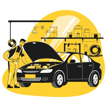A mechanic leaning over an open car hood, inspecting a car engine closely. The mechanic wears a black shirt and a tool belt filled with various tools. Sunlight filters through the garage windows, illuminating the workbench behind him which is cluttered with wrenches, oil cans, and spare parts. Various car parts are organized on shelves, and a tire rack is visible in the background. The floor is clean and shiny, reflecting the organized nature of the well-equipped garage. The car is a modern model, with a shiny black exterior.