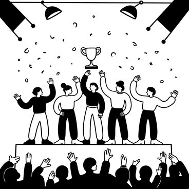 A group of seven individuals standing on a stage, holding a trophy above their heads. They are wearing matching outfits, and each of them is striking a pose indicative of celebration. Surrounding them, a crowd is depicted with raised hands, showing enthusiasm and applause. Confetti is falling from above, creating a dynamic atmosphere. The background features large banners and spotlights illuminating the scene.