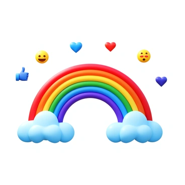 A colorful rainbow arching gracefully across a sky composed of various social media reaction icons. The sky features emojis like "thumbs up," "hearts," "laughing faces," and "surprised faces," scattered throughout in bright colors. Each icon is distinct and vibrantly colored, contributing to the overall cheerful atmosphere of the scene. The rainbow has multiple bands of colors, with a smooth gradient transitioning from red to violet, positioned prominently in the center of the image. The icons are arranged in a way that they seem to interact with the rainbow, enhancing the lively and dynamic composition.