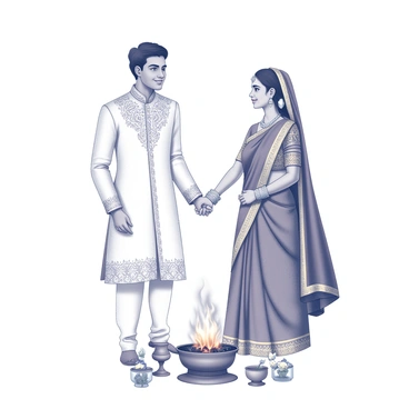 A Hindu couple standing together, dressed in traditional wedding attire. The groom is wearing a white sherwani adorned with intricate patterns, and the bride is dressed in a red and gold lehenga with detailed embroidery. They are positioned in front of a sacred fire, flames rising from a small fire pit, surrounded by offerings placed around it. The couple is holding hands, with their faces reflecting a mix of reverence and joy. In the background, decorative elements such as floral garlands and traditional lamps can be seen, enhancing the ceremonial atmosphere.