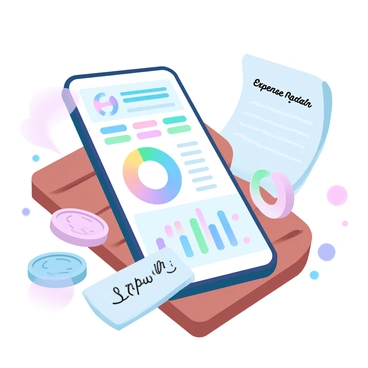 A smartphone is placed on a wooden surface, displaying a colorful expense tracking app on the screen. The app features various charts, including a pie chart and a bar graph, representing different spending categories. Bright, gradient pastel colors dominate the charts, creating a visually appealing interface. To the side of the smartphone, there are small coins and a notepad with handwritten notes about expenses.