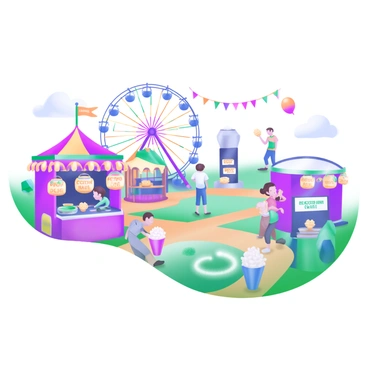 A modern pastel illustration depicting a "charming village fair" with various "games" and "stalls" arranged around a "central square." The stalls feature colorful canopies and are adorned with banners. Children are playing ring toss and duck pond games, while adults are enjoying cotton candy and popcorn. In the background, a large colorful Ferris wheel is turning, and a juggler is entertaining a small audience. The square is filled with cheerful people, and decorations like balloons and streamers hang above, adding to the festive atmosphere.