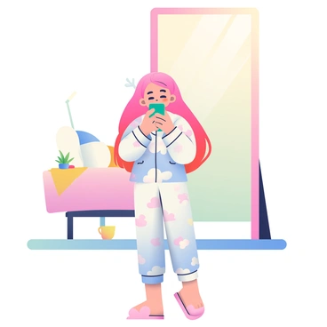 An anime girl with long, pastel pink hair is standing in front of a large mirror in her bedroom. She is wearing cute, patterned pajamas that feature small clouds and stars. The girl is smiling softly as she holds her phone up to take a selfie. In the background, there is a neatly made bed with fluffy pillows and a light blanket. A small, potted plant sits on a bedside table beside the bed, and warm, soft lighting from a nearby lamp illuminates the cozy atmosphere of the room.