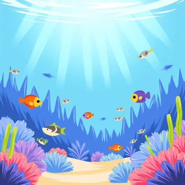 A vibrant underwater scene featuring a variety of blue coral reefs stretching across the ocean floor. Brightly colored fish, including orange clownfish, yellow tangs, and purple angelfish, swim gracefully among the corals. Sunlight filters through the water, creating shimmering patterns on the seabed. Some small sea turtles glide through the scene, while a school of silver fish darts in unison nearby. The overall atmosphere is lively and colorful, showcasing the beauty of marine life.