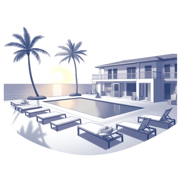 A beachfront resort with a large, inviting swimming pool surrounded by several sun loungers. In the foreground, there are tall palm trees swaying gently, casting elongated shadows onto the sandy beach. The resort features a two-story building with balconies overlooking the ocean. The entrance has a wide pathway leading to an elegantly designed lobby with large glass doors. Sunsets are visible in the background, creating a captivating atmosphere. A few guests can be seen relaxing on the loungers, enjoying the serene environment.