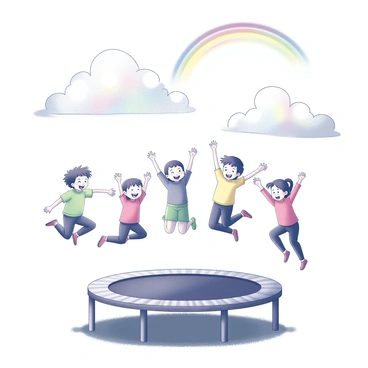 A group of children is enthusiastically jumping on a trampoline. Their joyful expressions are evident as they soar into the air, capturing a moment of pure excitement. The trampoline is situated on a grassy surface, with the children wearing colorful clothing. Above them, several vibrant rainbows arc across the sky, creating a stunning backdrop to the scene. The clouds are fluffy and scattered, allowing the sunlight to shine through, further enhancing the enchanting atmosphere.