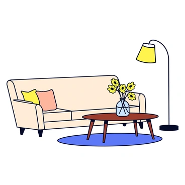 A living room with a soft cream-colored sofa positioned against a light grey wall. The coffee table in front of the sofa is made of dark wood. On the coffee table, there is a clear glass vase filled with vibrant yellow goldenrod flowers. The room has a plush area rug with a simple geometric pattern under the coffee table, and a few decorative cushions are scattered on the sofa. A tall floor lamp stands in the corner, casting a warm glow across the space.