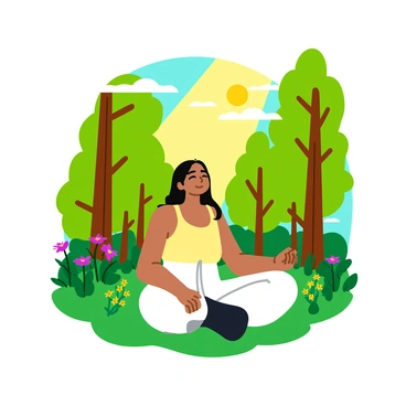 A person sitting cross-legged on a soft patch of grass, eyes closed in meditation. The individual has long, flowing hair and wears a comfortable, loose-fitting light-colored outfit. Surrounding them is a vibrant forest filled with tall trees, their leaves a mix of bright greens and hints of autumn colors. Sunlight filters through the branches, casting dappled light on the ground. Delicate wildflowers bloom nearby, adding splashes of color to the scene. A gentle breeze rustles the leaves, completing the tranquil atmosphere.