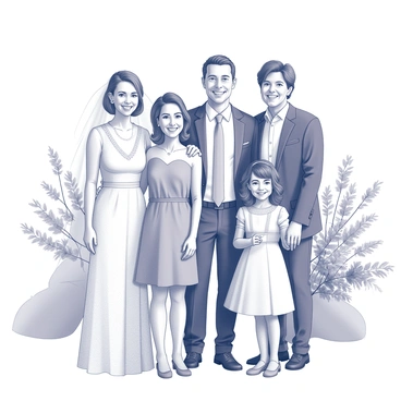A family stands together for a portrait at a wedding. They are all smiling and exuding joy. Each family member is dressed in formal attire, featuring elegant dresses and tailored suits. The background includes decorative floral arrangements and soft drapery, enhancing the celebratory atmosphere. The group's arrangement showcases a mix of ages, with adults and children standing closely together, highlighting their connection.
