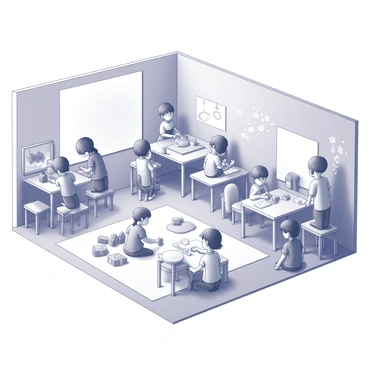 A playroom filled with children actively engaged in various activities. The room has multiple play areas, each set up with different toys and games. There are children sitting on the floor, building with blocks, and others gathered around a table playing a board game. Some children are playing with dolls and action figures, while others are drawing on a large sheet of paper. The walls are decorated with drawings and playful designs, creating a vibrant atmosphere. Furniture like small tables and chairs is scattered throughout the space, accommodating the energetic play.