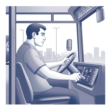 A bus driver sits in the driver's seat, gripping the steering wheel with both hands. The driver's eyebrows are slightly raised, and their mouth is set in a firm line, reflecting a sense of apprehension. The interior of the bus features a dashboard with various buttons and screens. The bus is parked at a bus stop, with a few passengers waiting outside, looking expectantly at the driver. The bus's large side windows show a glimpse of the street and buildings in the background, providing context for the new route the driver is about to take.