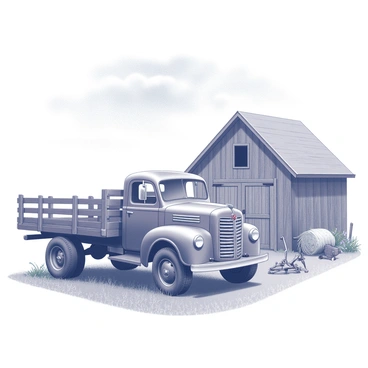 An antique truck is parked beside a rustic barnyard. The truck has a weathered wooden bed and chrome details that reflect its age. The barnyard features a wooden barn with a slanted roof, displaying peeling paint and a small window. Surrounding the barn are various farm implements, such as a hay bale and an old plow. The background showcases a clear blue sky, with a few wispy clouds scattered across it. The scene is set in a rural area, with grass and wildflowers visible on the ground.
