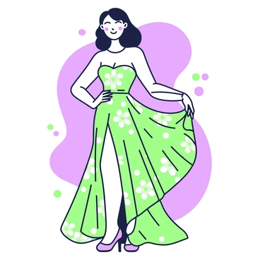 A model gracefully posing in a flowing gown adorned with intricate floral patterns