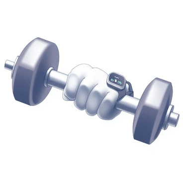A close-up of a hand gripping a dumbbell tightly. The fingers wrap around the handle of the dumbbell, showcasing the knuckles and the texture of the skin. A fitness tracker is worn on the wrist, with its screen facing outward, displaying data. The background is blurred to emphasize the hand and the dumbbell.