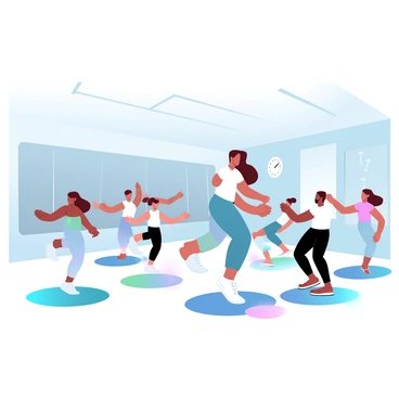 A brightly lit dance studio is filled with students of various ages participating in a lively dance class. There are children, teenagers, and adults all engaged in learning a new dance routine. Each student is wearing comfortable dance attire, such as leggings, t-shirts, and dance shoes. The instructor, positioned at the front of the room, is demonstrating the dance moves with enthusiasm. Mirrors line the walls, reflecting the movement and energy of the class. Colorful mats are placed on the floor, and a large wall clock is visible, indicating the time.