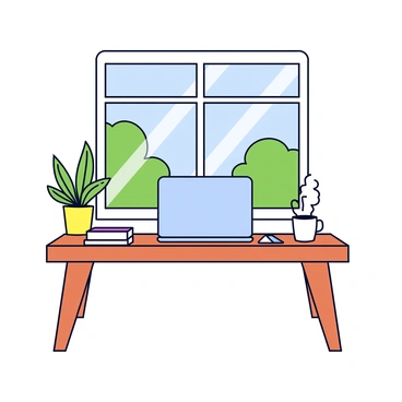 A cozy home office with a desk, computer, and a cup of coffee beside a window with a view.