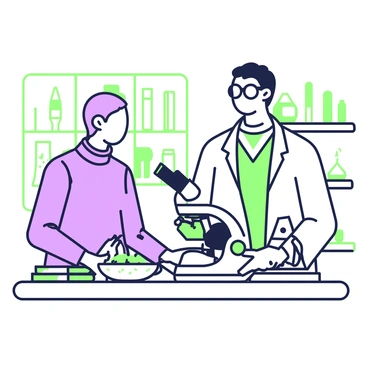 A scientist with glasses is observing fruit flies under a microscope in a laboratory. The scientist is wearing a lab coat and gloves. The microscope is positioned on a table cluttered with various scientific tools and notebooks. Next to the microscope, there is a petri dish containing several fruit flies. The background features shelves filled with glass jars and laboratory equipment, providing a detailed view of the laboratory environment.