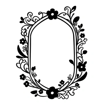 An intricate floral frame composed of detailed vines and various blossoms surrounds a vintage mirror. The frame showcases a variety of floral patterns, including curling tendrils and petals in different arrangements. The vintage mirror reflects the ornate design of the frame, enhancing the complexity of the overall composition. The frame has a symmetrical design, with blossoms situated at equal intervals, creating a harmonious appearance.