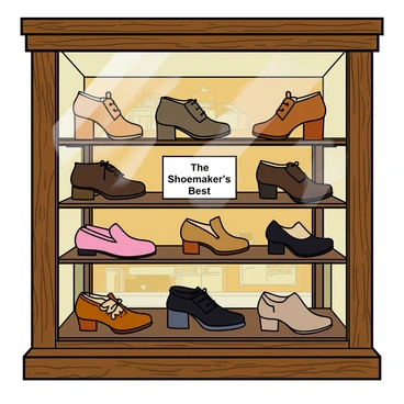 A quaint shop window showcasing an elegant array of shoes. The display features a variety of finely crafted shoes, including polished leather boots, chic heels, and comfortable loafers, all arranged neatly on dark wooden shelves. Each pair is beautifully lit with soft, warm lighting that highlights their textures and colors. A small sign is positioned in the center of the display, reading "The Shoemaker's Best." The window is framed by a rustic wooden frame, adding to the charm of the scene. The background includes a hint of the shoemaker's workspace, with tools and materials subtly visible through the glass.