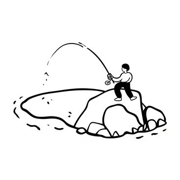 A small island surrounded by calm waters features a sandy beach along its shore. A single person is situated on a rocky outcrop, casting a fishing line into the water below. The person is wearing a simple outfit suitable for fishing, and a fishing rod is held in one hand. Nearby, scattered rocks are partially submerged in the water, creating a textured shoreline. Gentle waves lap against the edges of the outcrop.