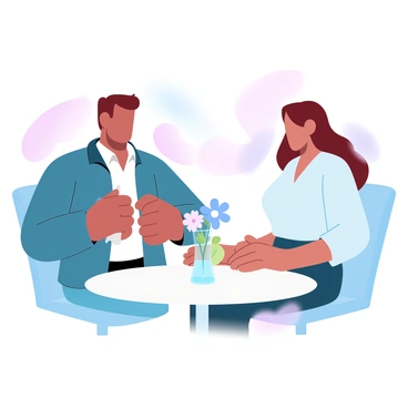 Two people are sitting at a small table in a restaurant, surrounded by soft ambient lighting. The man is wearing a smart casual jacket and is fidgeting with a napkin, while the woman is in a stylish blouse, glancing down at her drink. The table has a small vase with a single flower between them. Their body language suggests nervousness, with their shoulders slightly hunched and hands resting uneasily on their laps. The background includes softly blurred tables with other diners, creating a cozy atmosphere.