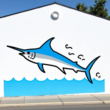 A large mural of a sailfish is painted on the side of a coastal building. The sailfish is depicted in motion, with its elongated body and vivid blue and silver coloring. The mural captures the sailfish's prominent dorsal fin, which rises high above the water. Surrounding the sailfish are subtle ocean waves, enhancing the sense of movement. The building's surface is textured, adding a unique character to the mural. The overall scene is bright and captures the essence of coastal life.