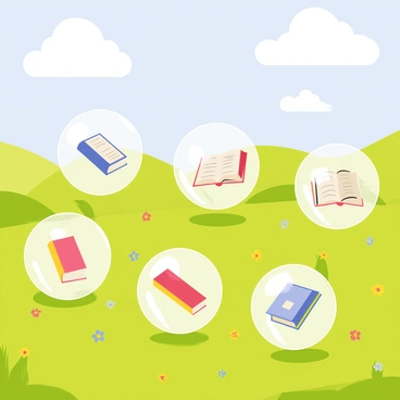 Several "banned books" are encapsulated in transparent floating bubbles. The bubbles are scattered throughout a "lush green landscape," with fluffy white clouds and a bright blue sky above. Each bubble reflects light and casts soft shadows on the ground. The grass is dotted with small colorful flowers, and there are distant rolling hills framing the background.