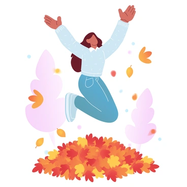 A girl with long hair is jumping into a large pile of colorful autumn leaves. She is wearing a cozy sweater and denim jeans, and her arms are raised in excitement. The leaves are various shades of orange, red, and yellow, creating a vibrant scene. The background is filled with trees showcasing their fall foliage, and a few leaves are scattered in the air around her as she leaps into the pile.