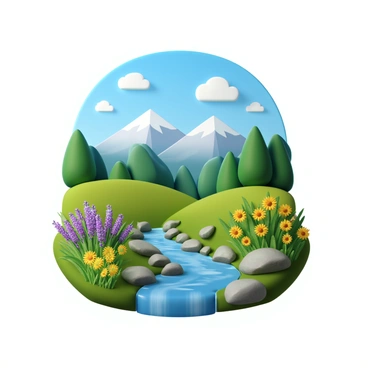 A small, compact illustration board featuring a vibrant nature scene. The board shows a serene landscape with rolling green hills and a clear blue sky dotted with fluffy white clouds. In the foreground, there are a variety of colorful wildflowers, including yellow daisies and purple lavender. A gently flowing stream runs through the scene, with smooth rocks lining its banks. In the distance, majestic mountains rise, their peaks capped with snow. The colors are bright and lively, creating an inviting and picturesque view.