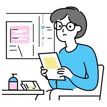 A patient, a middle-aged woman with short brown hair, is sitting in a white clinic waiting room. She is wearing a blue blouse and glasses. In her hands, she is holding a pamphlet titled "Breast Abscess: Symptoms and Care." The pamphlet is colorful and has bullet points listed on it. The woman is focused on reading the pamphlet, with a concerned expression on her face. A small table next to her holds a bottle of hand sanitizer and a few magazines. The walls of the clinic are adorned with medical posters related to women's health.