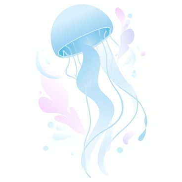 A jellyfish with long, flowing tentacles is suspended in the water. The jellyfish has a distinct dome-shaped bell with soft gradient colors blending from pale blue to soft pink. Surrounding the jellyfish are gentle, swirling currents that enhance its movement. Below the jellyfish, there are delicate, abstract shapes representing ocean flora, creating a sense of an underwater environment. The overall composition is balanced and visually striking, suitable for a scientific journal cover.