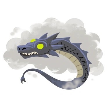 A large, serpent-like creature with intricate scales and glowing green eyes, "Jormungandr" is partially visible as its head emerges from a thick, swirling fog. The fog is gray and white, adding to the "eerie and mysterious atmosphere." The creature's head is positioned at a slight angle, with its jaws slightly open, revealing sharp teeth. Additional tendrils of fog wrap around the creature, enhancing its sense of presence within the mist.